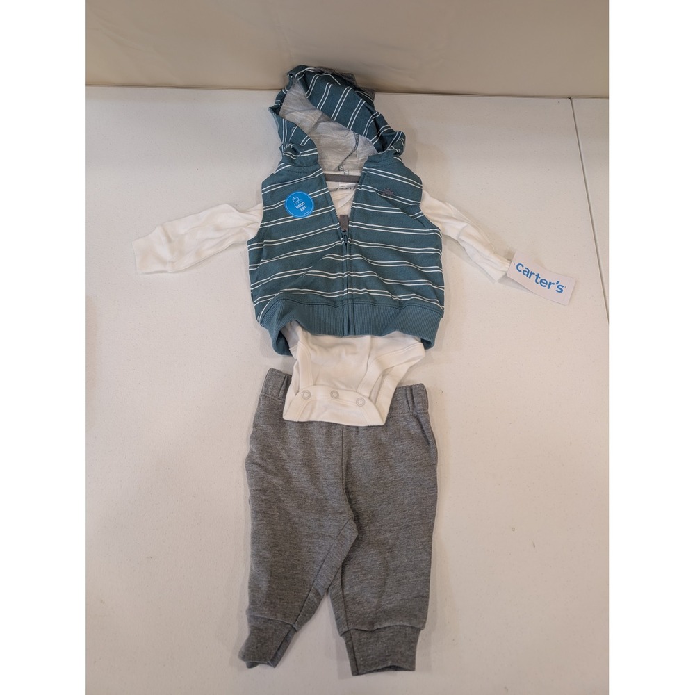 Carters Baby 3M 3-Piece Set Blue Striped Hoodie‎ Bodysuit Pants Outfit NWT